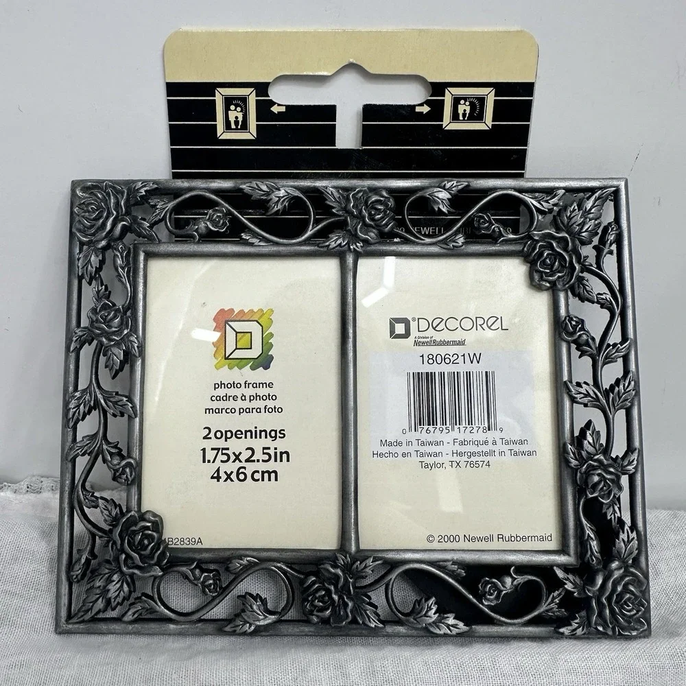 Double Ornate Picture Frame Metal Antiqued Silver Rose Floral Tabletop 1.75x2.5